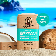Dr. Squatch Coconut Castaway deodorant pack showing aluminum-free protection.