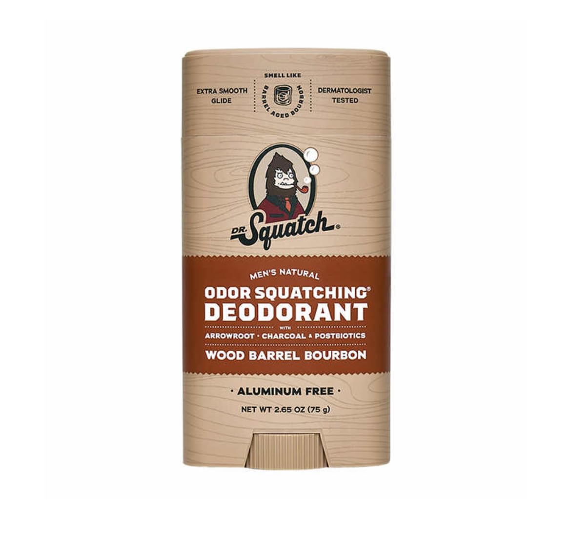 Packaging close-up of Dr. Squatch deodorant shows rugged branding
