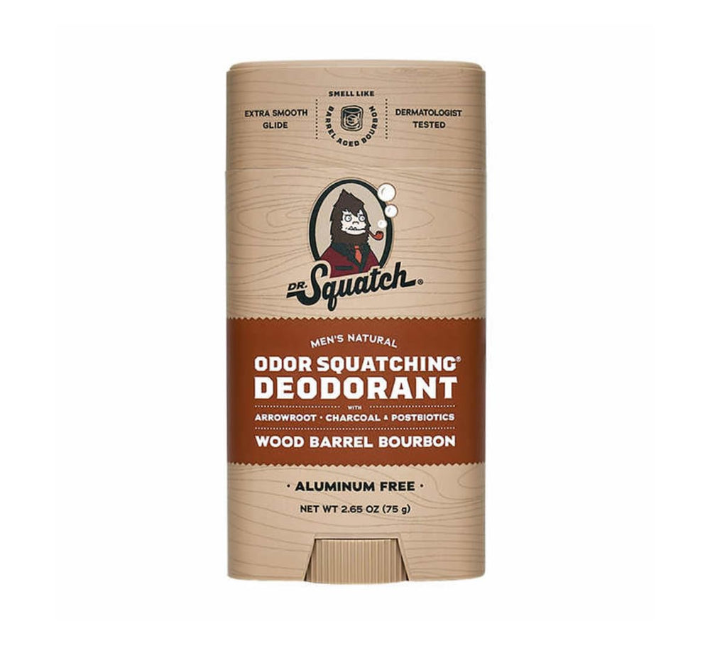 Packaging close-up of Dr. Squatch deodorant shows rugged branding