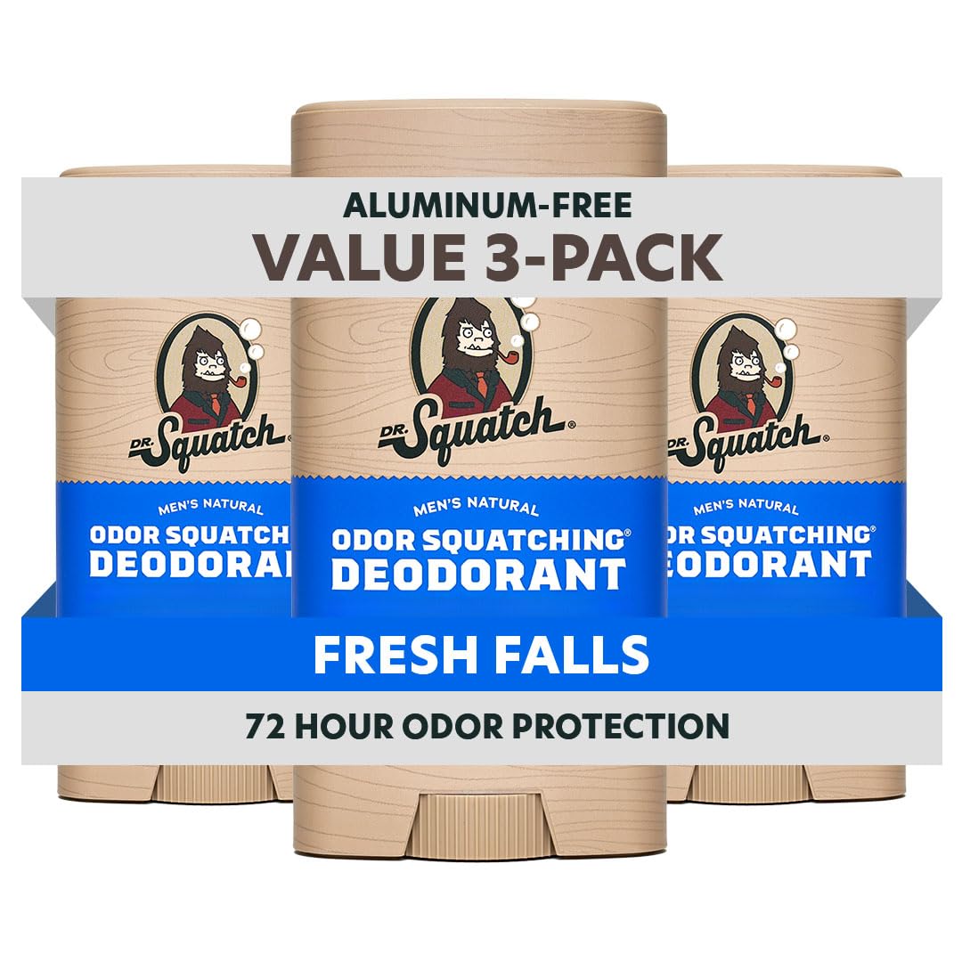 Dr. Squatch Fresh Falls 3-pack packaging, aluminum-free natural deodorant for daily confidence.