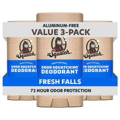 Dr. Squatch Fresh Falls 3-pack packaging, aluminum-free natural deodorant for daily confidence.