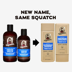 Dr. Squatch Fresh Falls conditioner bottle promoting smooth hair after washing