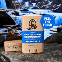 Dr. Squatch Fresh Falls deodorant stick close-up highlighting charcoal and postbiotics.