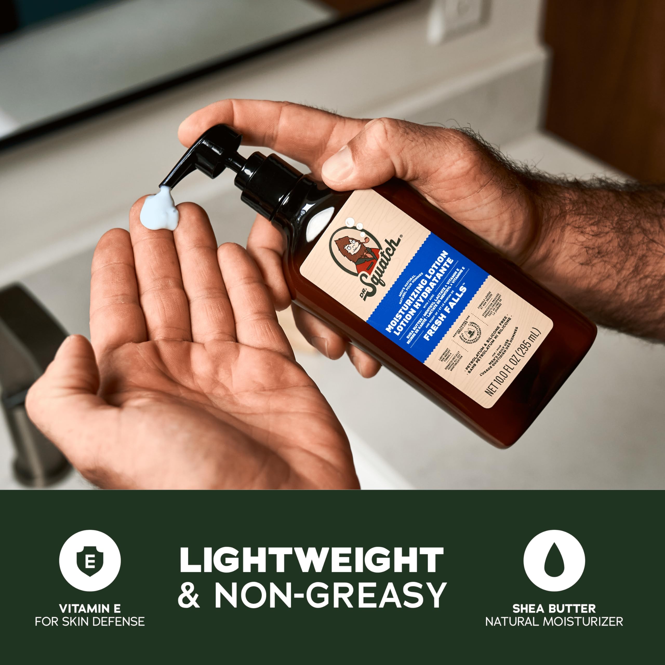 Dr. Squatch Fresh Falls lotion bottle provides a refreshing scent for all-day confidence.