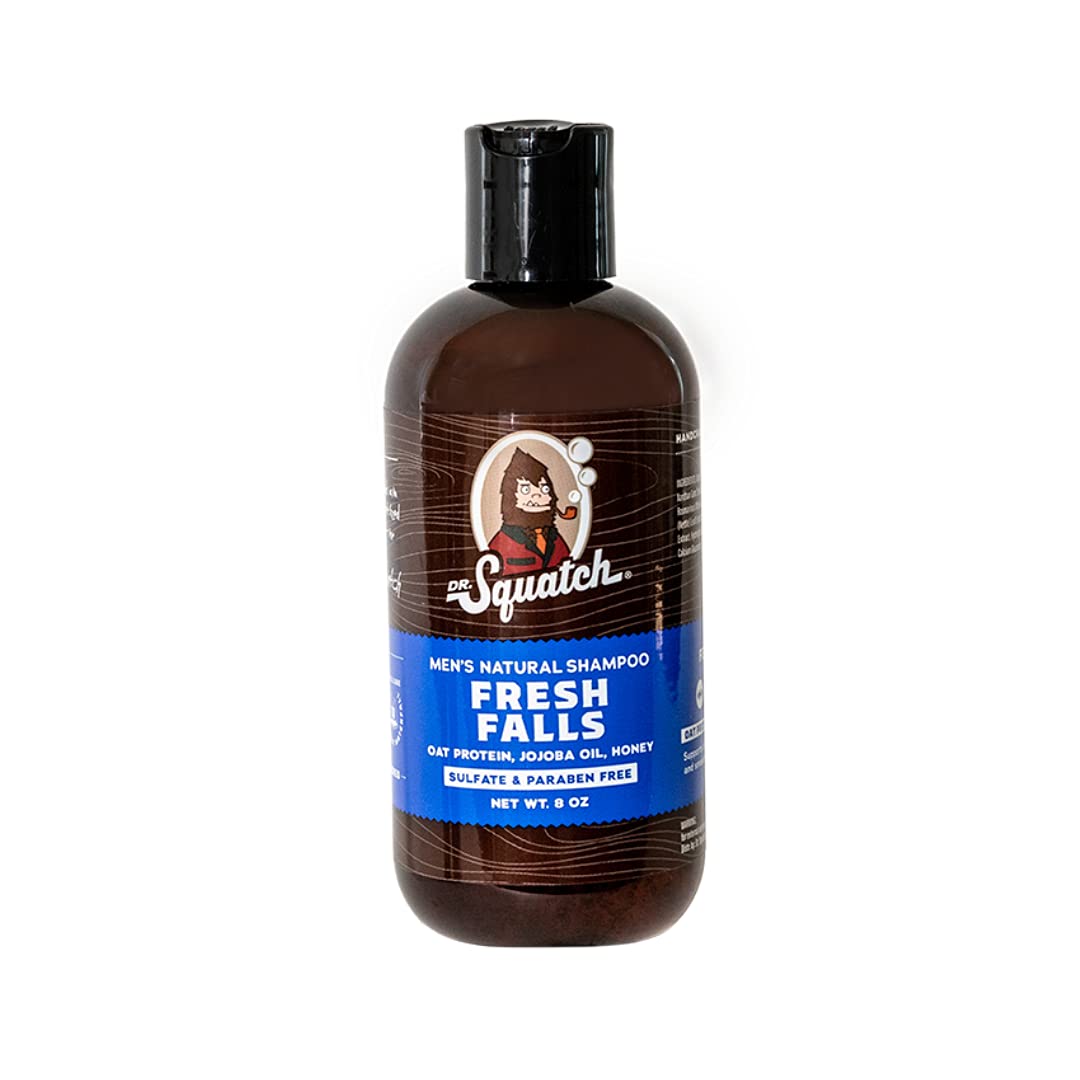 Dr. Squatch Fresh Falls Shampoo bottle closeup highlighting natural ingredients for healthy hair