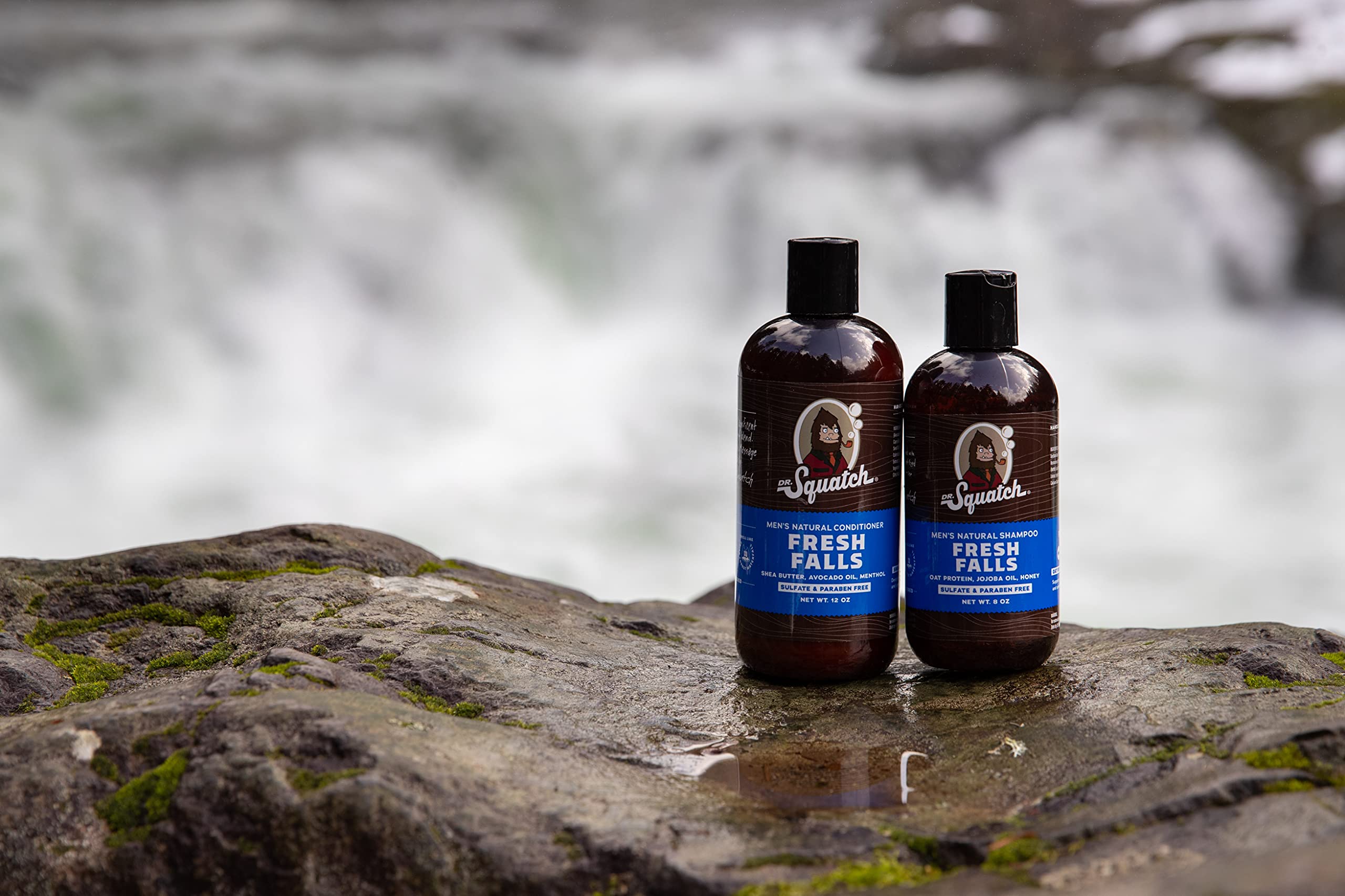 Dr. Squatch Fresh Falls Shampoo label detail emphasizes natural origins and sustainability
