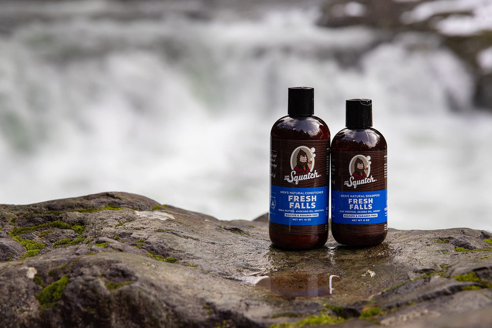 Dr. Squatch Fresh Falls Shampoo label detail emphasizes natural origins and sustainability