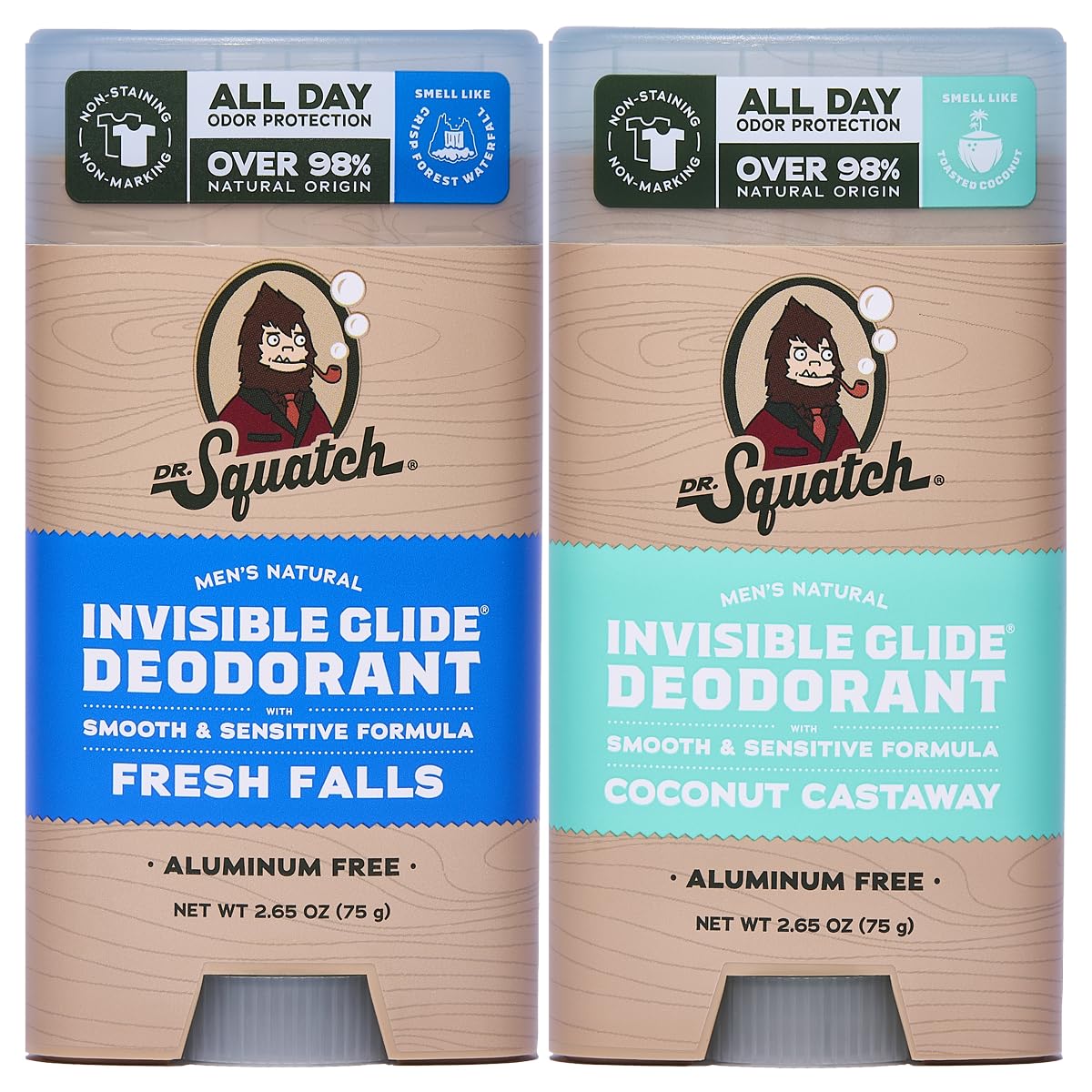 Dr. Squatch Invisible Glide Fresh Falls 2-pack front view showing stain-free, all-day freshness.