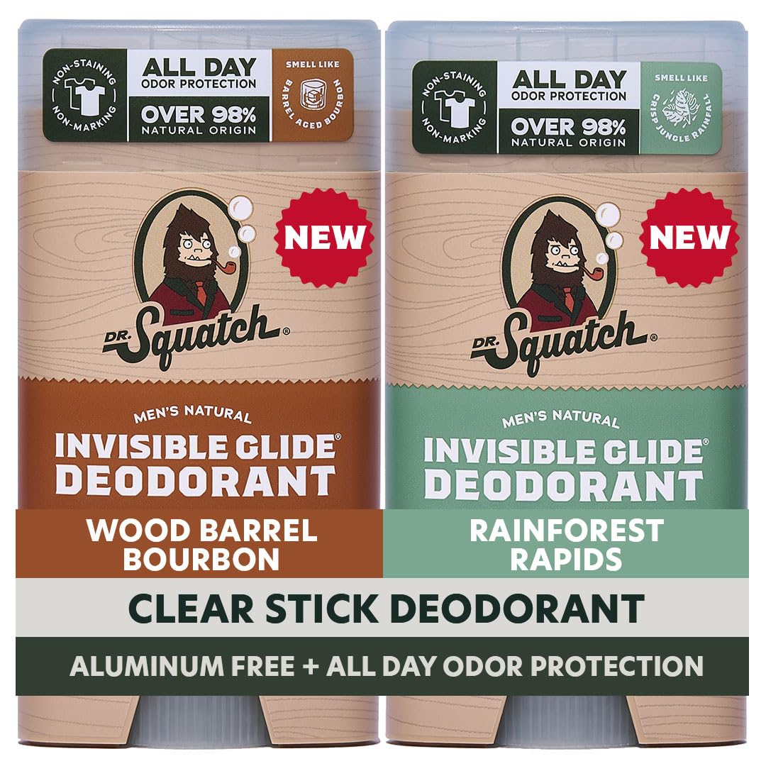 Dr. Squatch Invisible Glide Wood Barrel Bourbon bottle shows stain-free, all-day freshness.