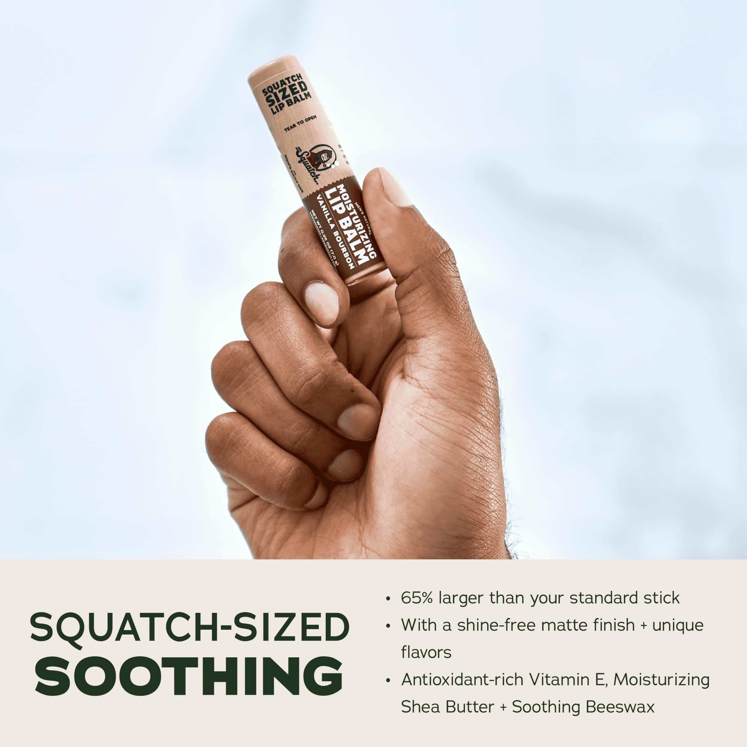 Dr. Squatch Coconut Cove lip balm stick nourishes lips.
