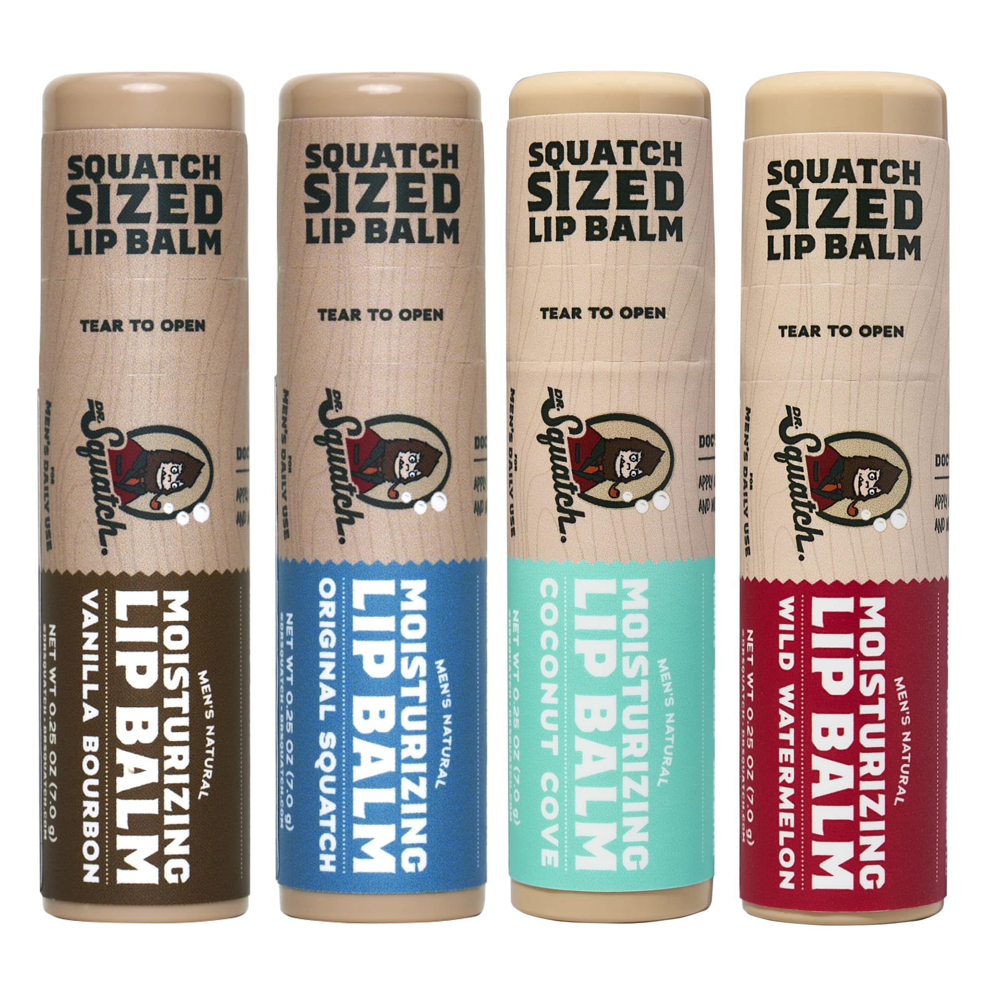 Dr. Squatch Vanilla Bourbon lip balm stick with vanilla aroma and smooth texture.