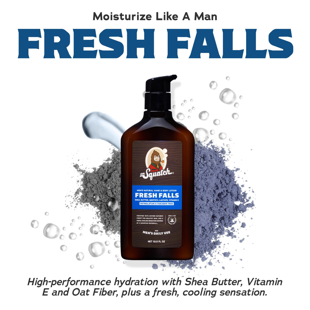 Dr. Squatch lotion bottle Fresh Falls with a crisp, refreshing scent.