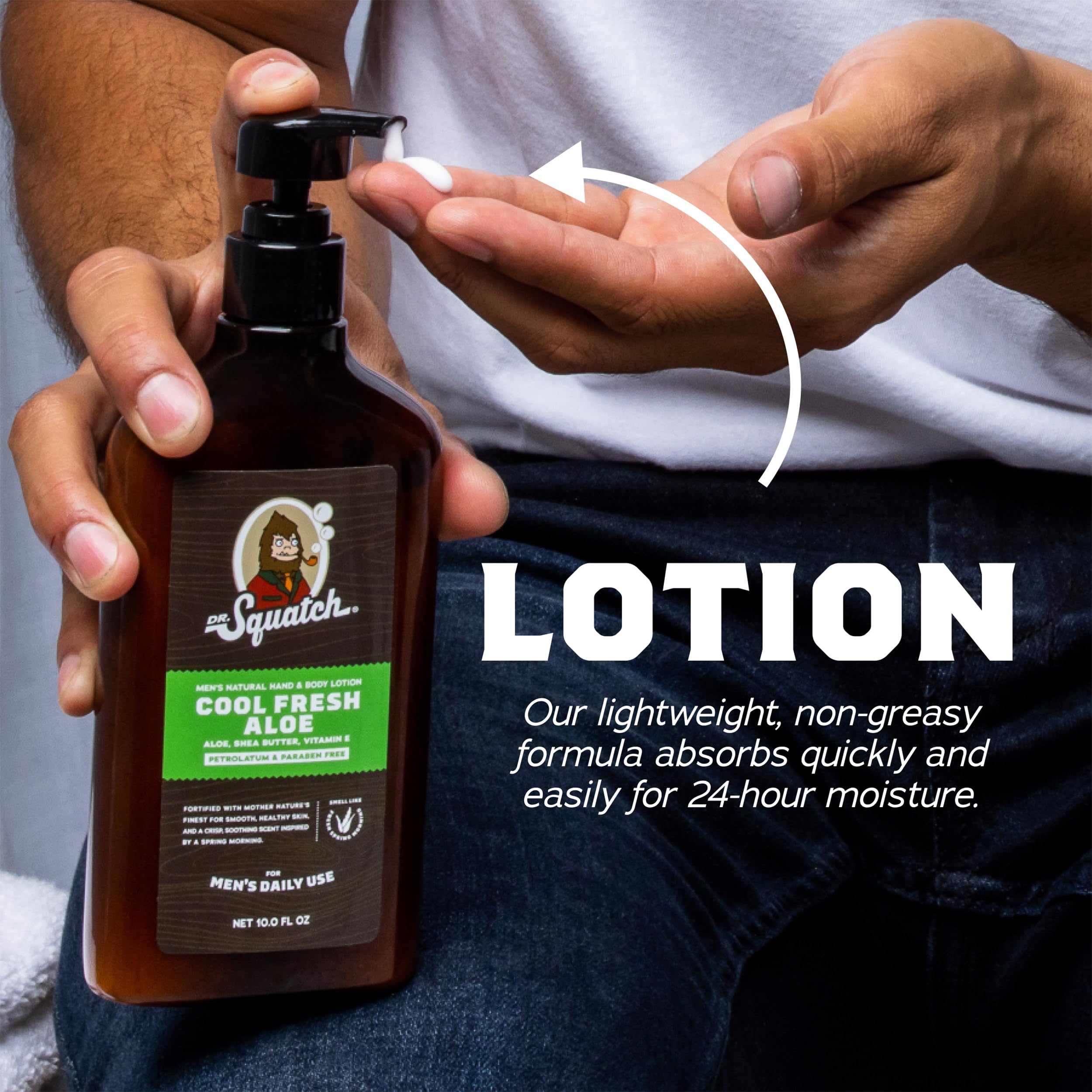 Dr. Squatch lotion featuring shea butter and coconut oil nourishes skin.