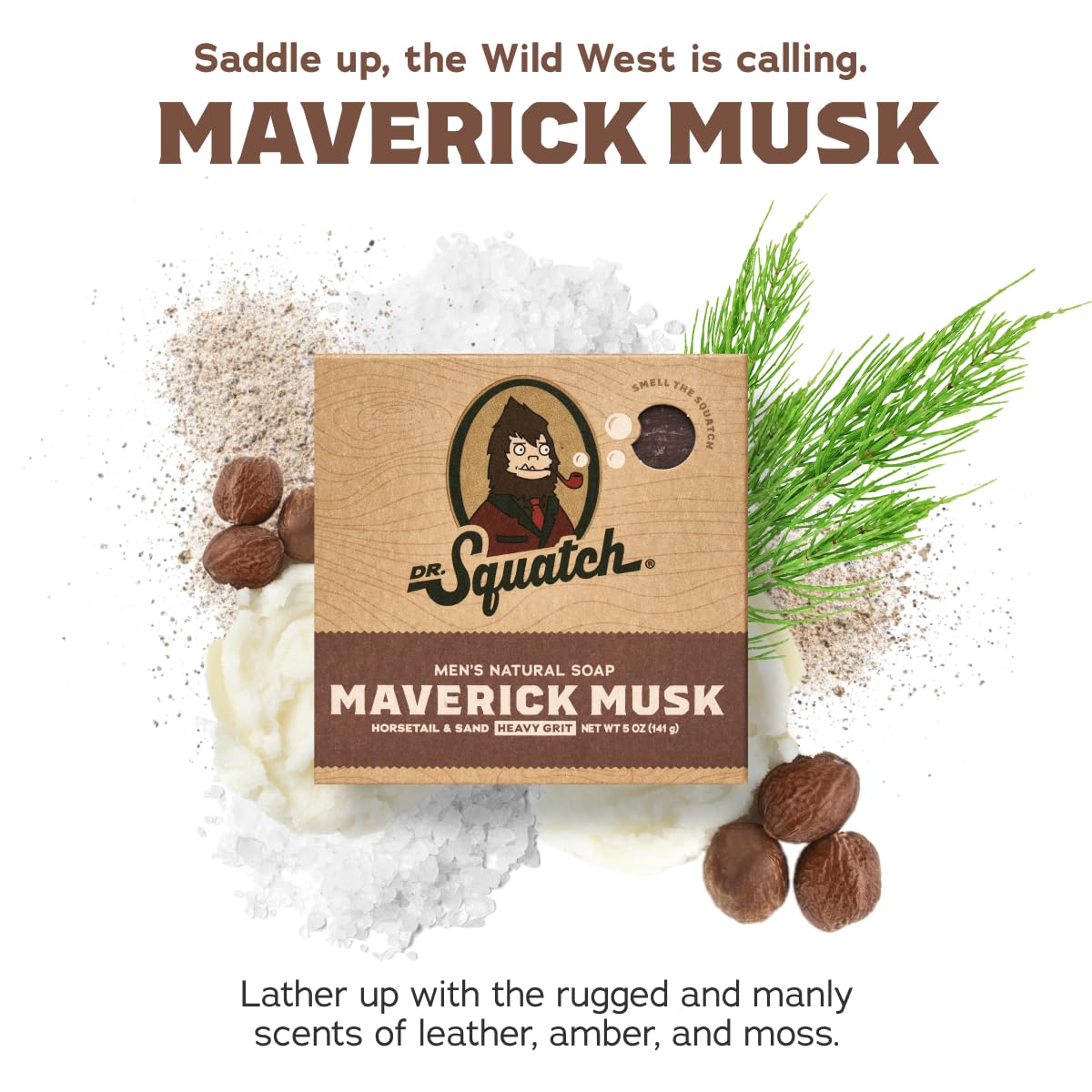 Dr. Squatch Maverick Musk soap close-up highlighting rugged bar texture and natural ingredients.