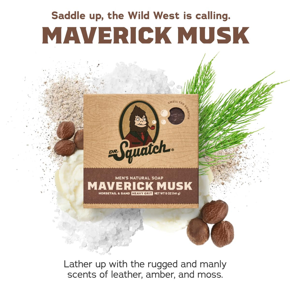 Dr. Squatch Maverick Musk soap close-up highlighting rugged bar texture and natural ingredients.