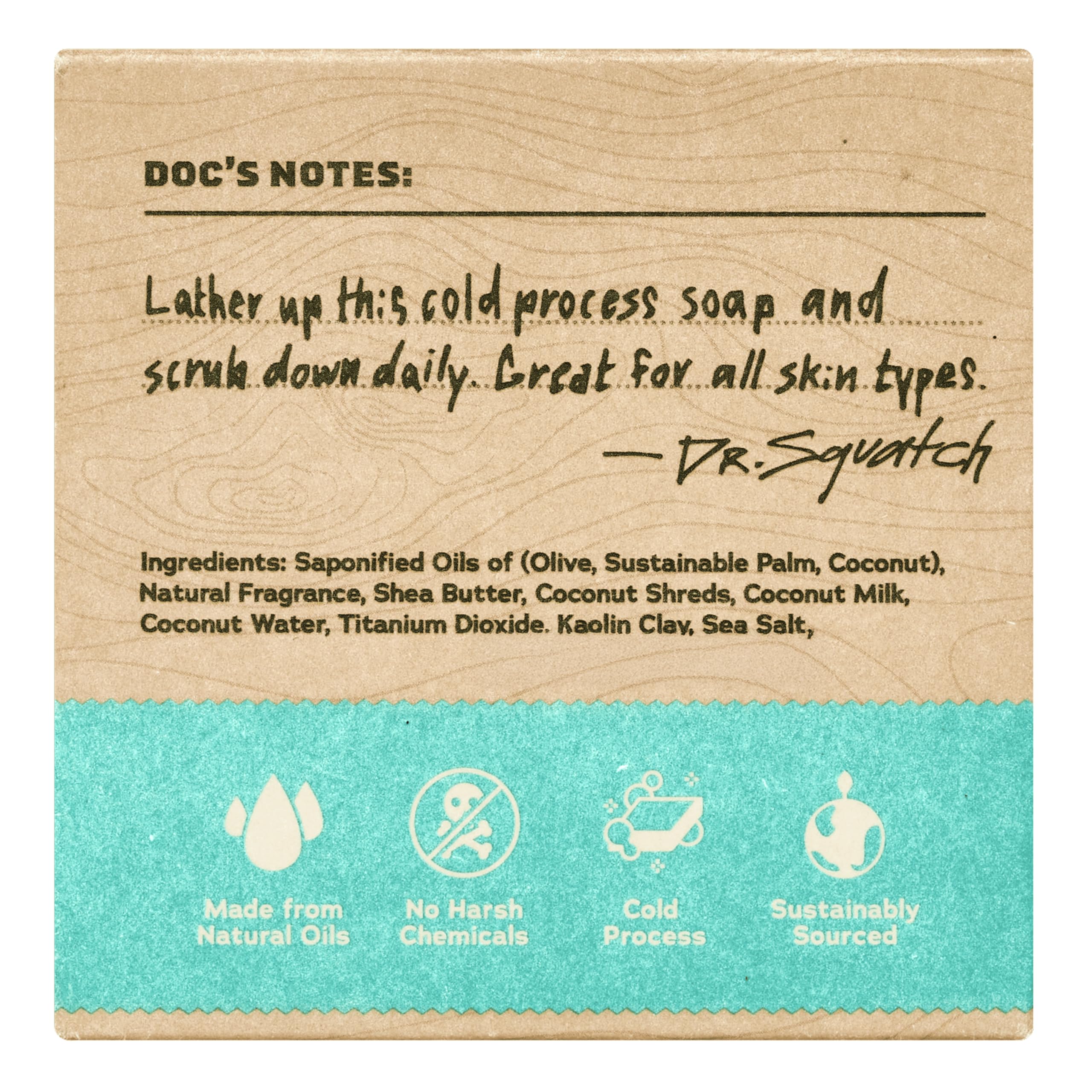 Dr. Squatch natural cold process bar with coconut oil and shea butter nourishes skin.