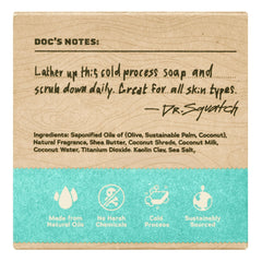 Dr. Squatch natural cold process bar with coconut oil and shea butter nourishes skin.