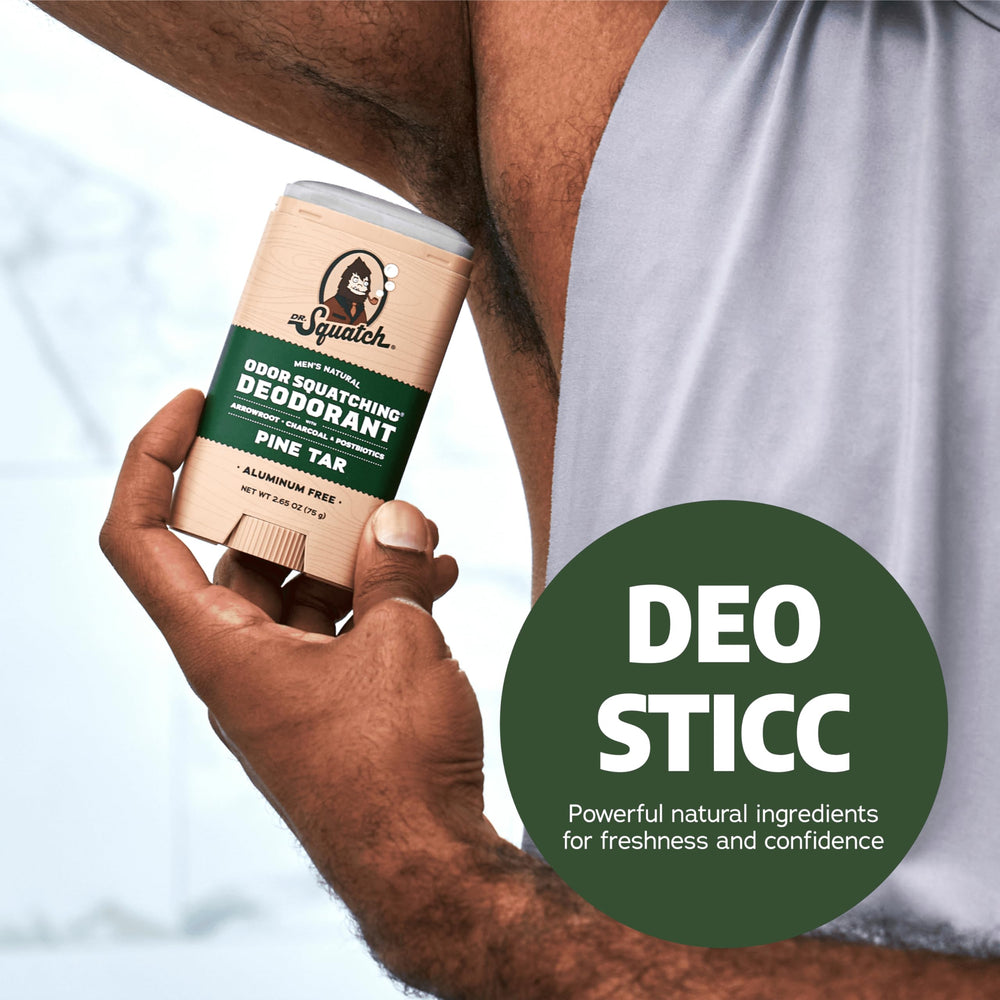 Outdoor lifestyle scene with Dr. Squatch Pine Tar deodorant on-hand.