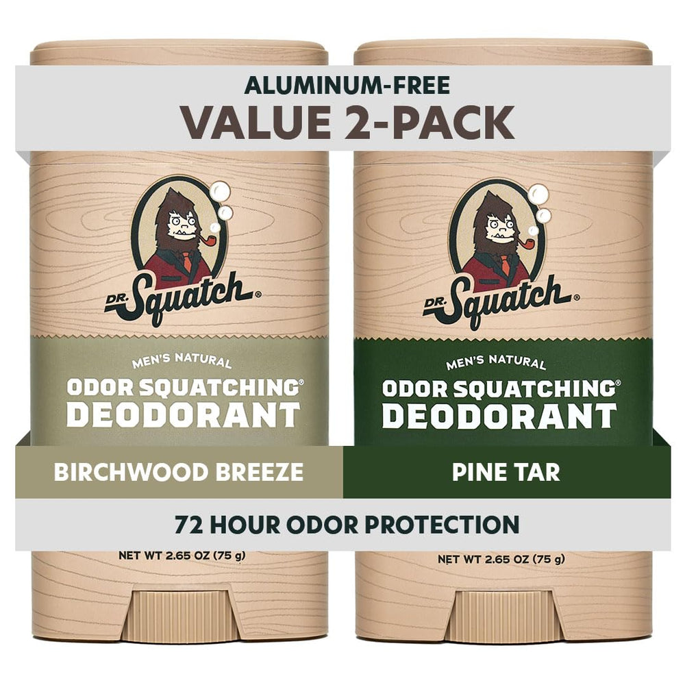 Dr. Squatch Pine Tar Birchwood Breeze deodorant stick 2-pack for long-lasting freshness.