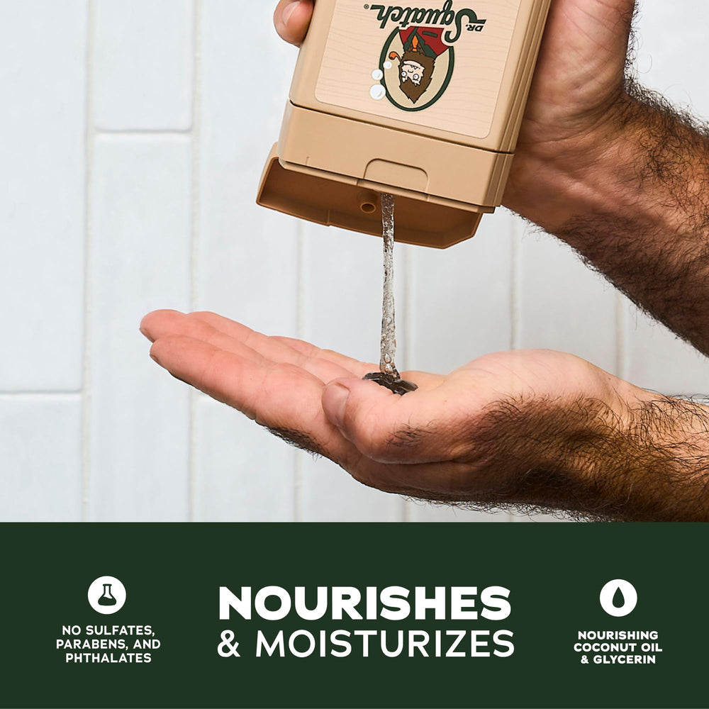 Dr. Squatch Pine Tar Coconut Castaway lather action shows rich foam for cleansing.