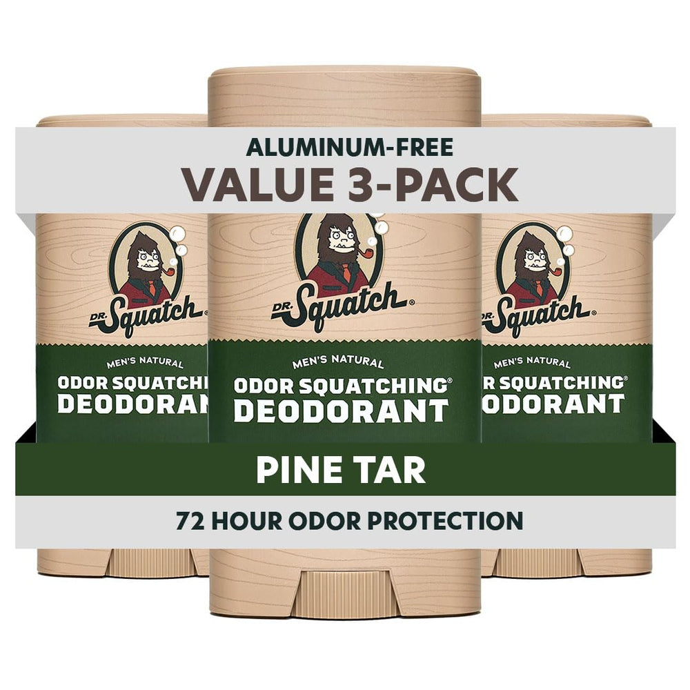 Dr. Squatch Pine Tar deodorant 3-pack on shelf for all-day freshness.
