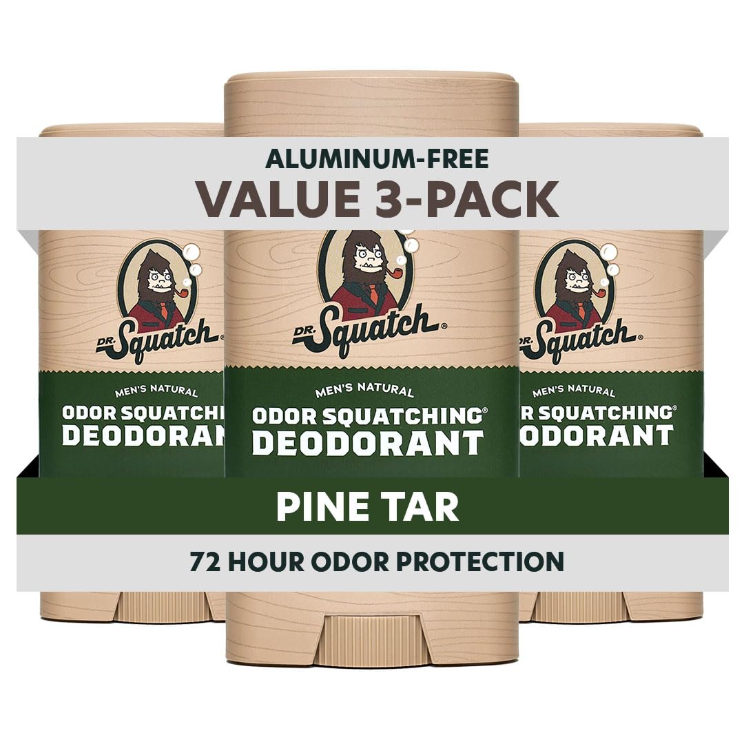 Dr. Squatch Pine Tar deodorant 3-pack on shelf for all-day freshness.