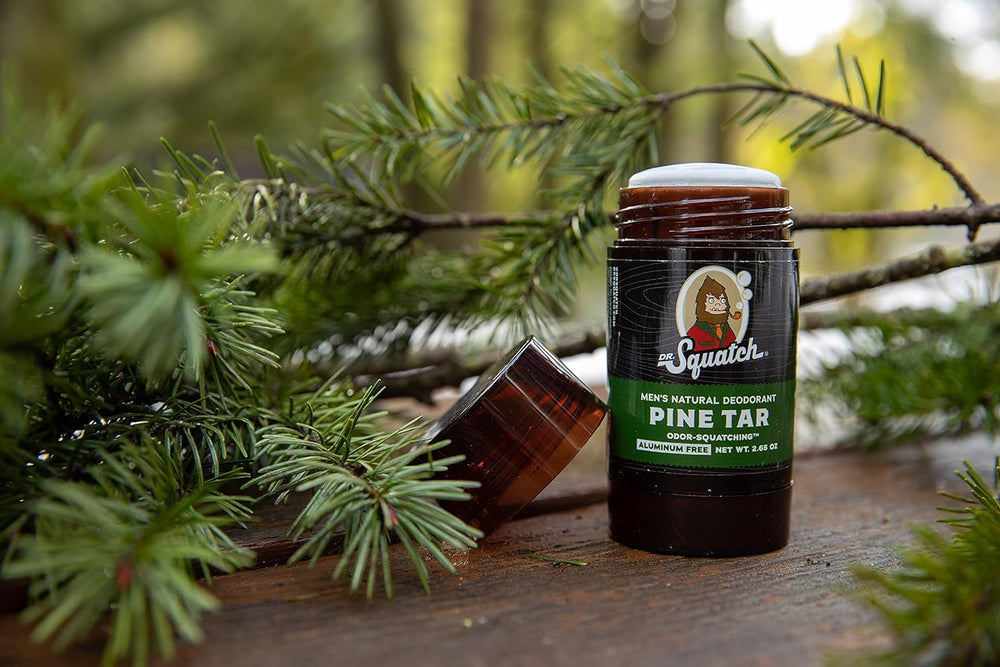 Dr. Squatch Pine Tar deodorant label detail for daily use in rugged routines