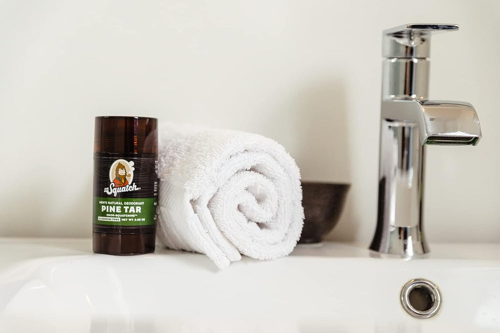 Dr. Squatch Pine Tar deodorant packaging on shelf conveys value in a 2-pack
