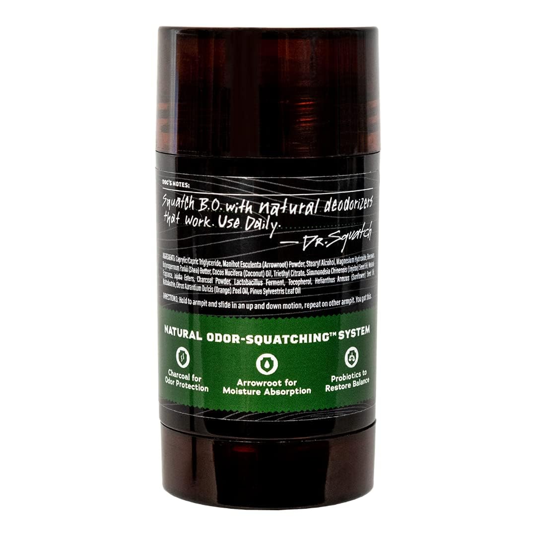 Dr. Squatch Pine Tar deodorant stick closeup emphasizing rugged, natural scent