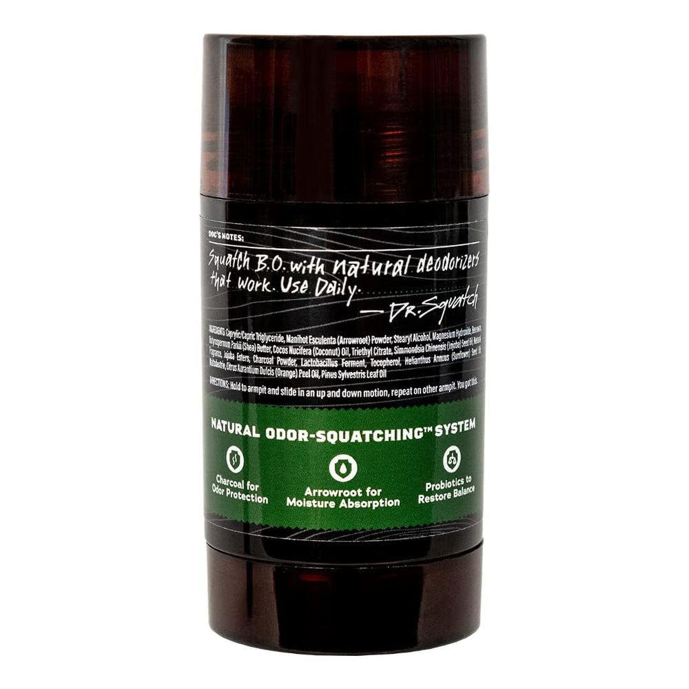Dr. Squatch Pine Tar deodorant stick closeup emphasizing rugged, natural scent