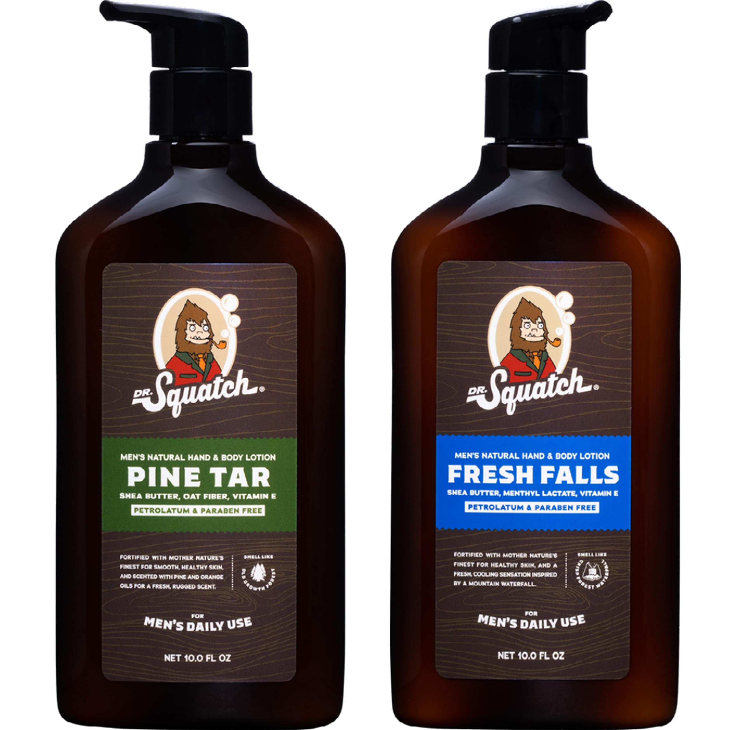 Dr. Squatch Pine Tar Fresh Falls lotion bottle for smooth skin and all-day moisture