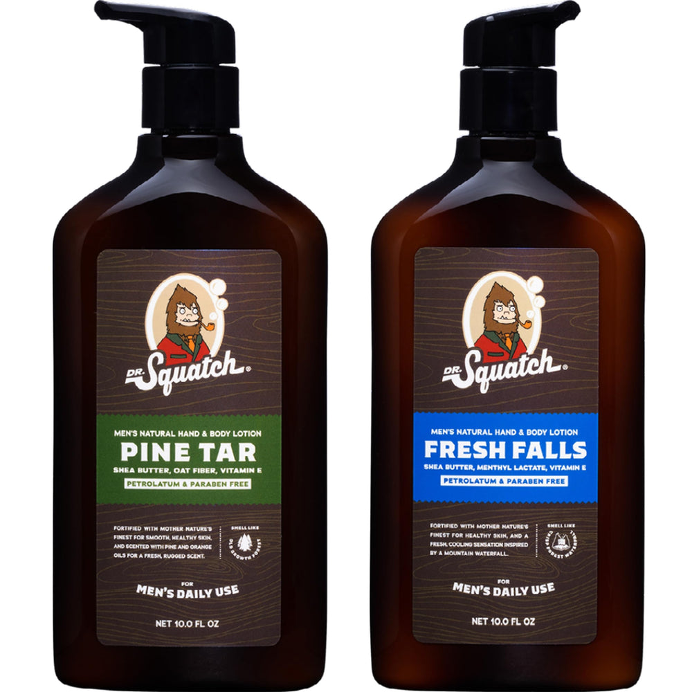 Dr. Squatch Pine Tar Fresh Falls lotion bottle for smooth skin and all-day moisture