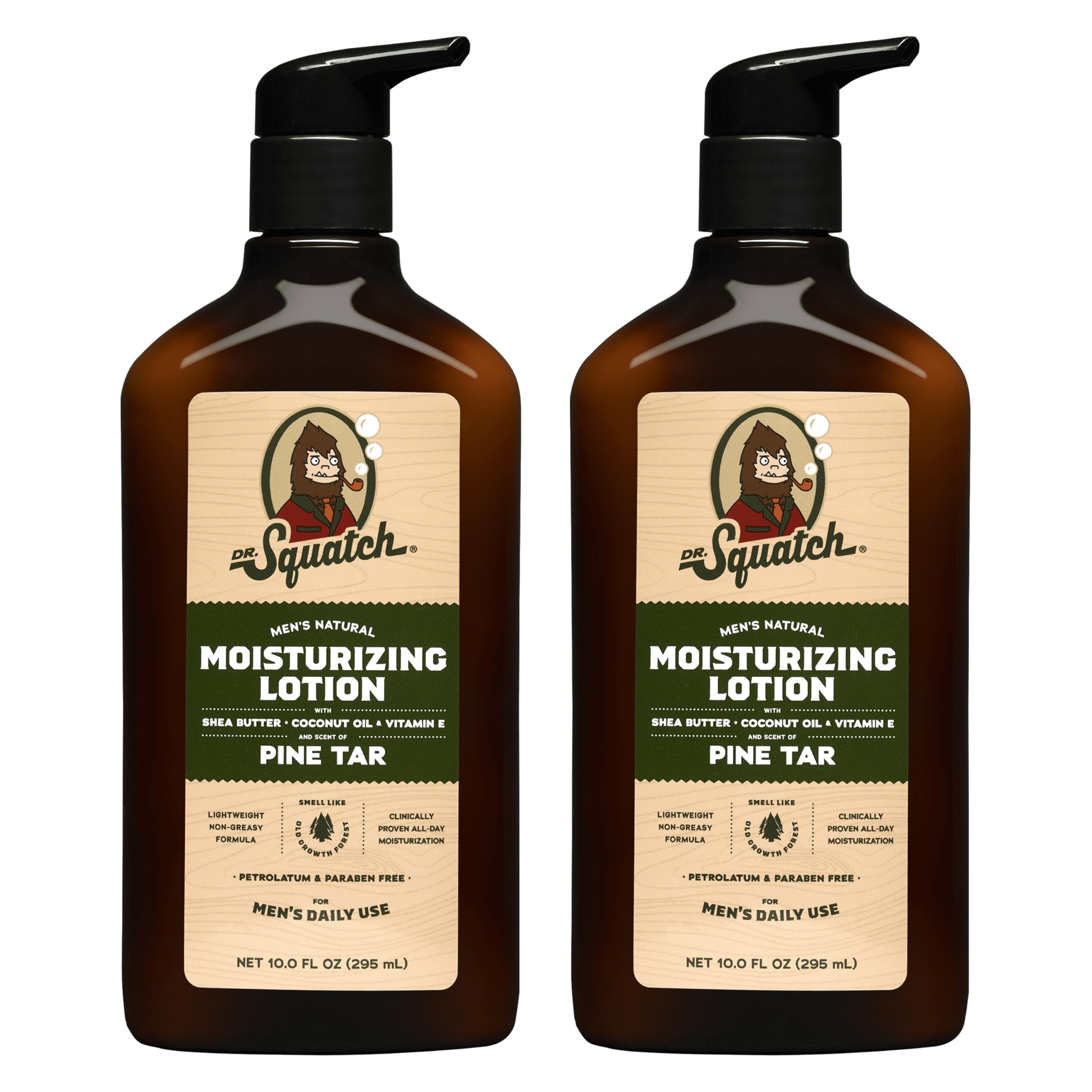 Dr. Squatch Pine Tar Lotion bottle close-up for fast, non-greasy hydration.