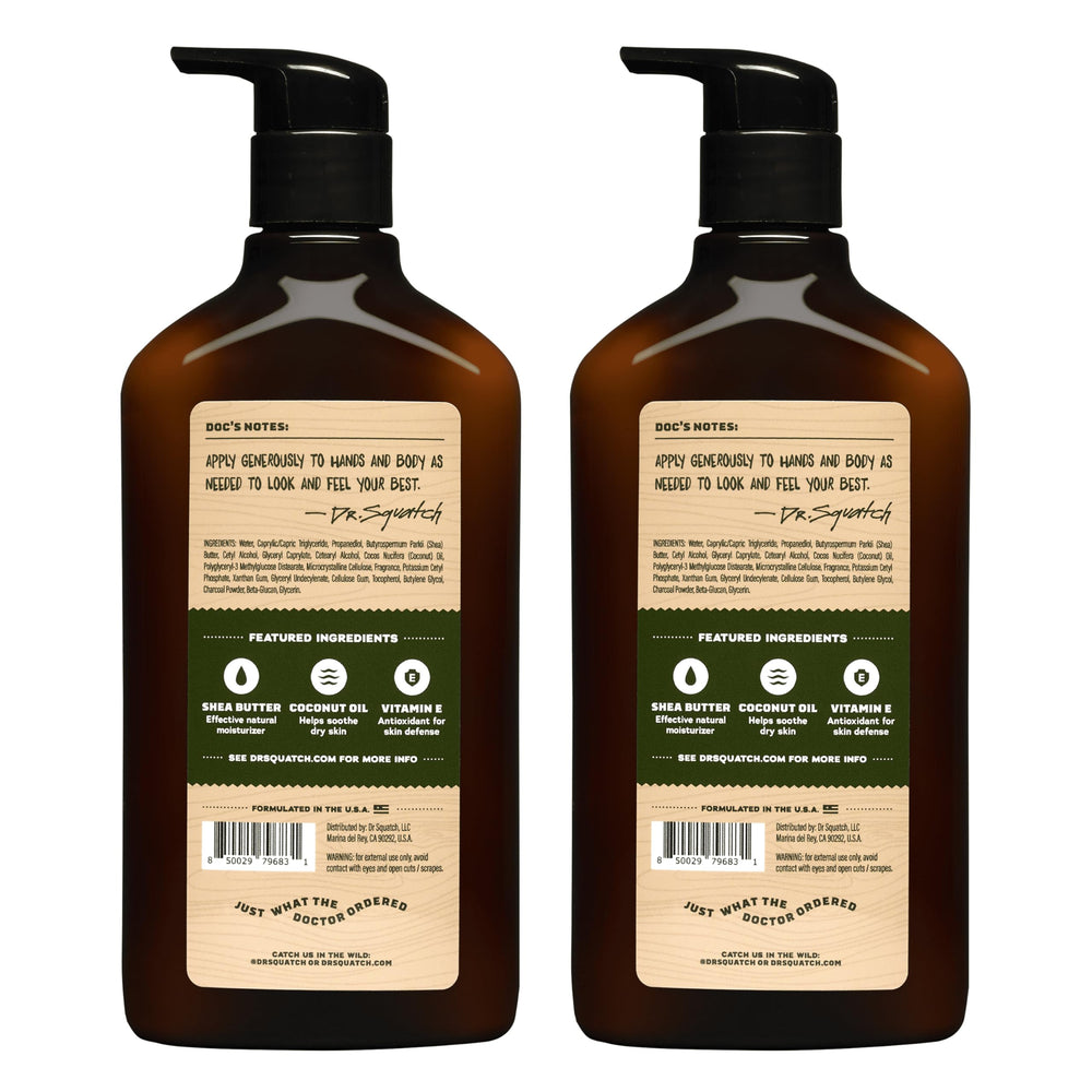 Dr. Squatch Pine Tar Lotion label close-up underscores natural formula.