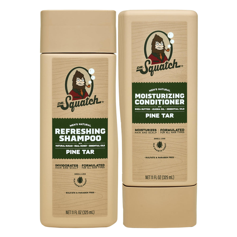 Dr. Squatch Pine Tar Shampoo bottle, invigorating cleanse with a masculine aroma.