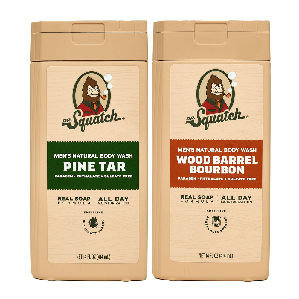 Dr. Squatch Pine Tar + Wood Barrel Bourbon bottle with long-lasting scent