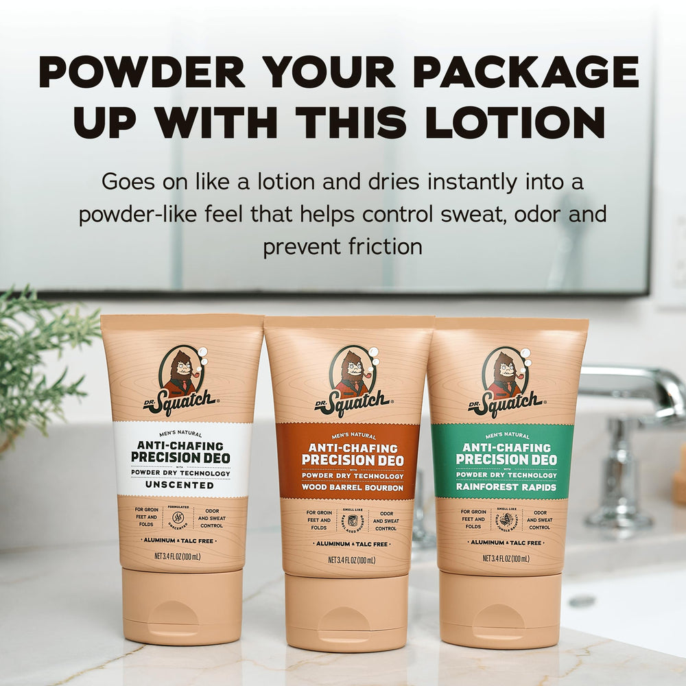 Dr. Squatch precision deo texture close-up with powder-like dry finish