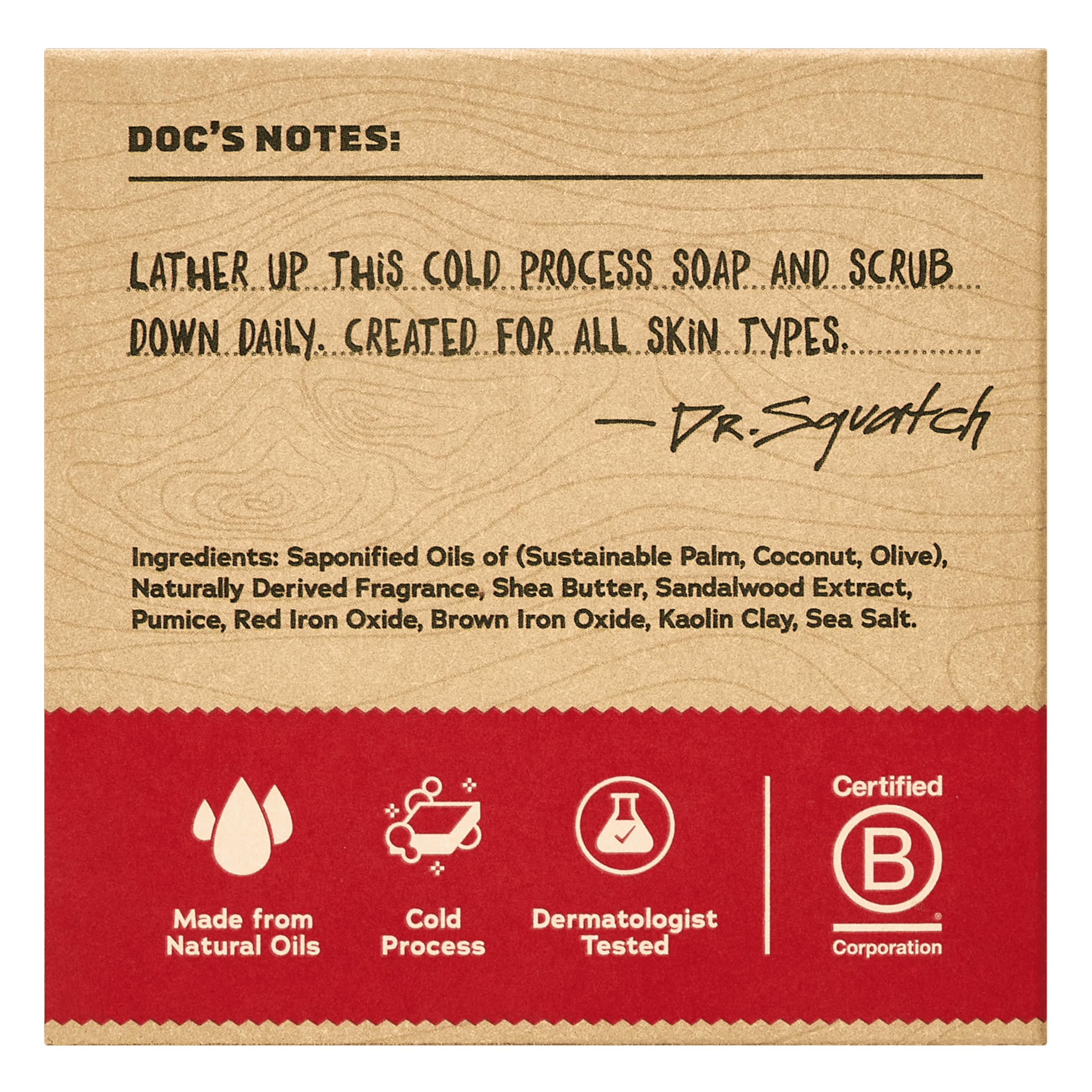 Dr. Squatch Sandalwood Summit bar soap closeup foam shows rich lather.