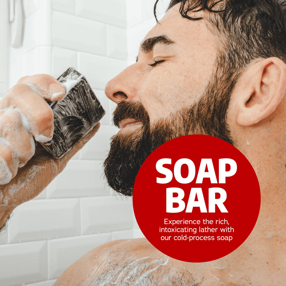 Dr. Squatch Sandalwood Summit bar soap in use during daily showers.