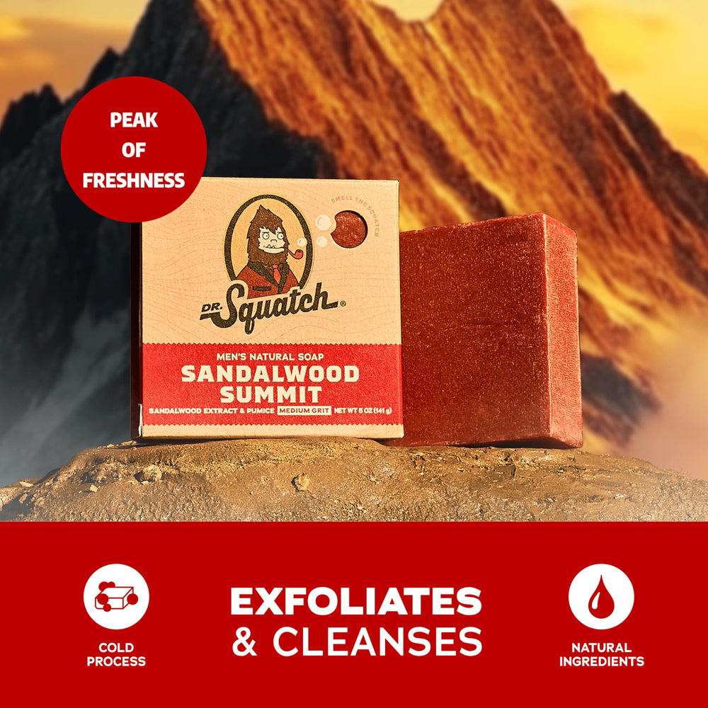 Dr. Squatch Sandalwood Summit bar soap texture highlights coconut oil and shea.