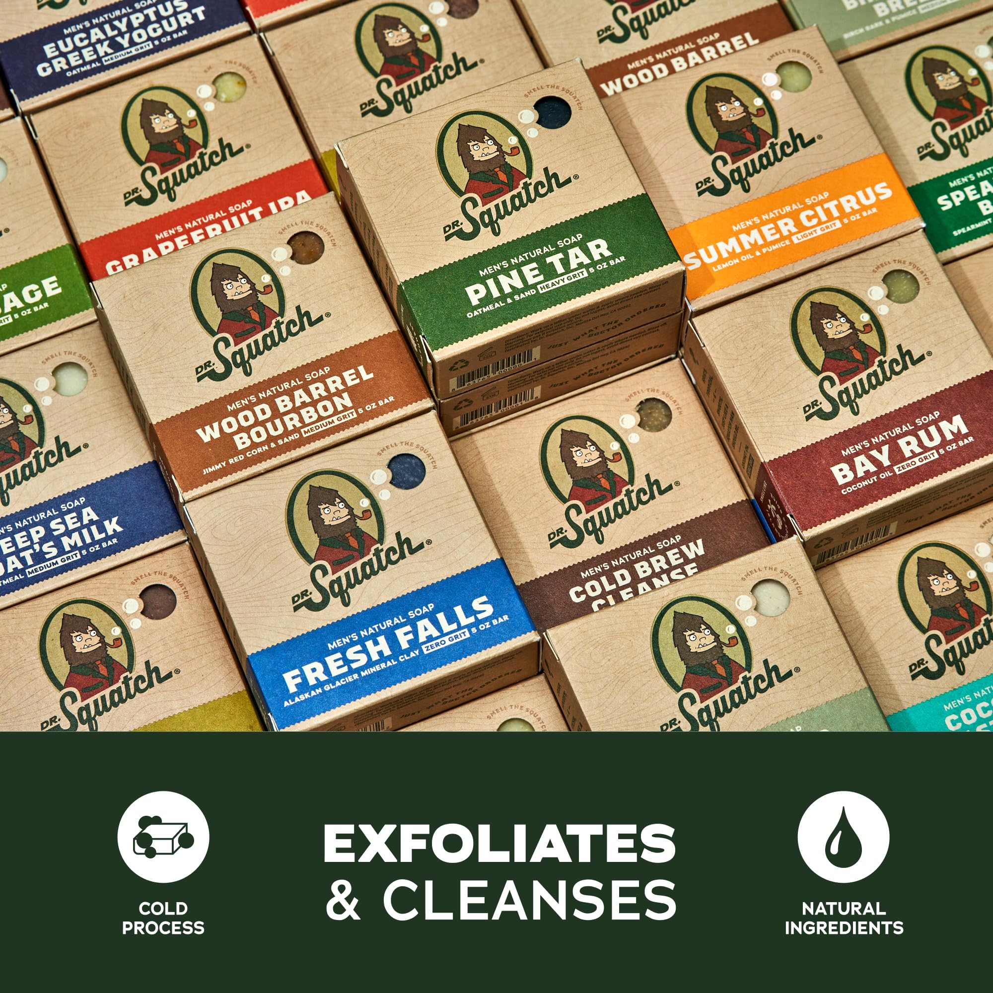 Dr. Squatch Sandalwood Summit bar soap with warm, masculine aroma.