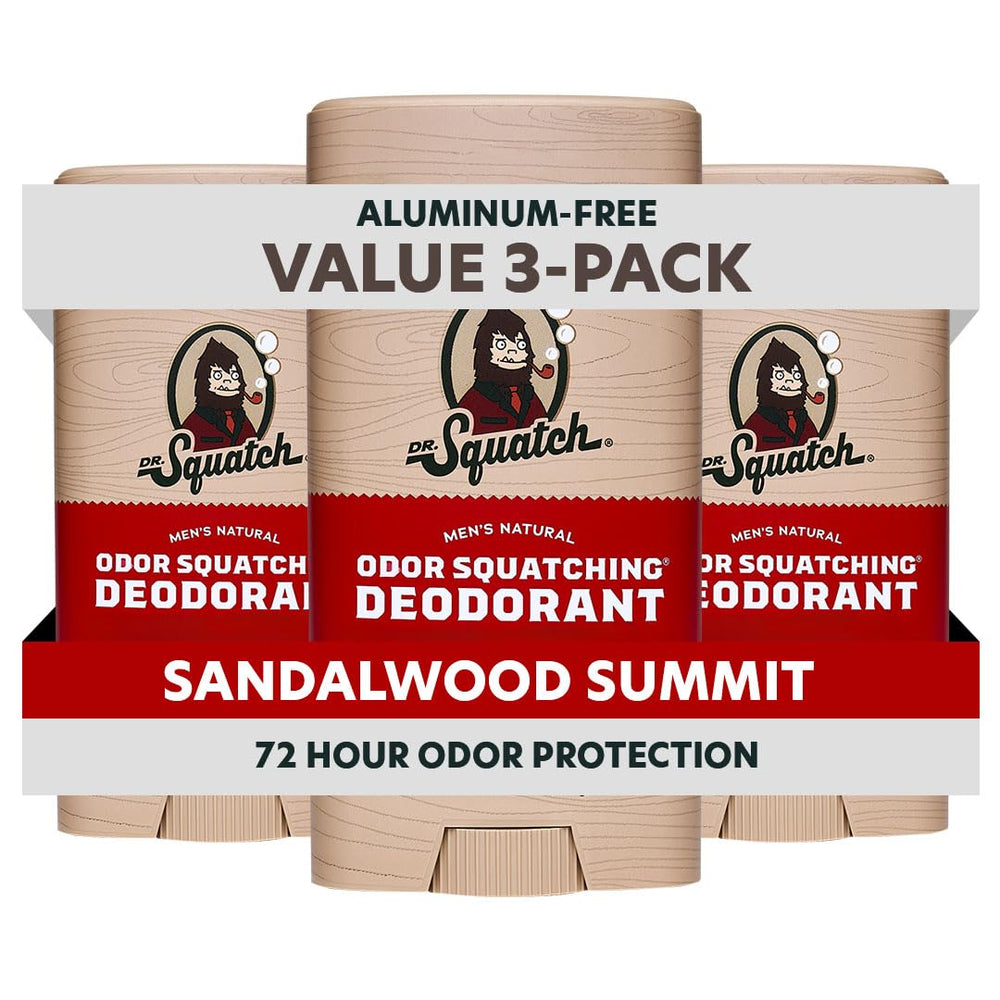 Dr. Squatch Sandalwood Summit deodorant stick showing natural protection with charcoal and postbiotics.