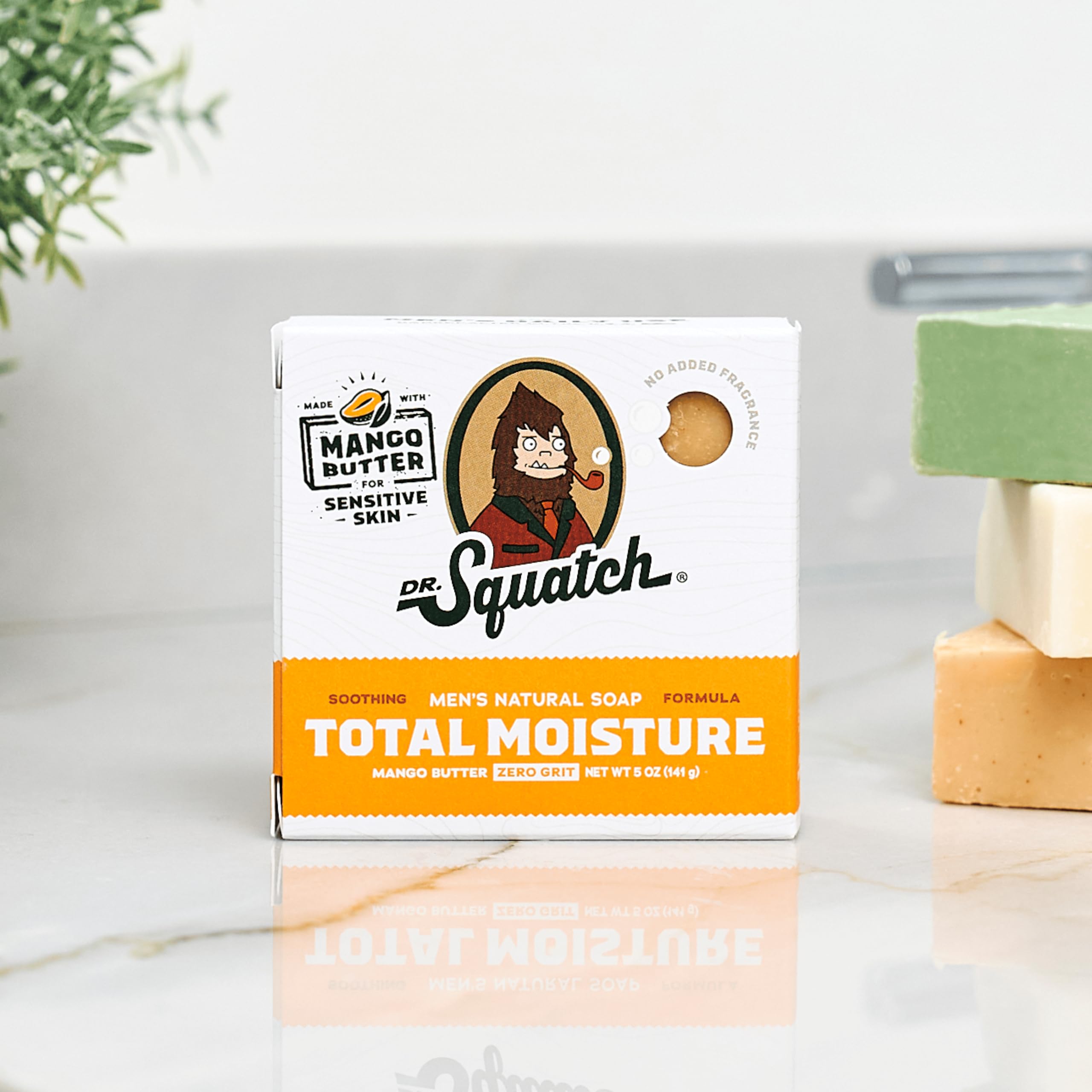 Dr. Squatch Sensitive Skin approved label visible for daily use