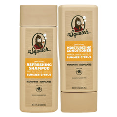 Dr. Squatch Summer Citrus shampoo bottle promotes refreshed, clean hair.