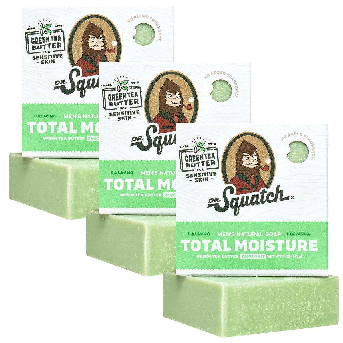 Dr. Squatch Total Moisture Bar with Green Tea Butter forms a rich lather for gentle cleansing