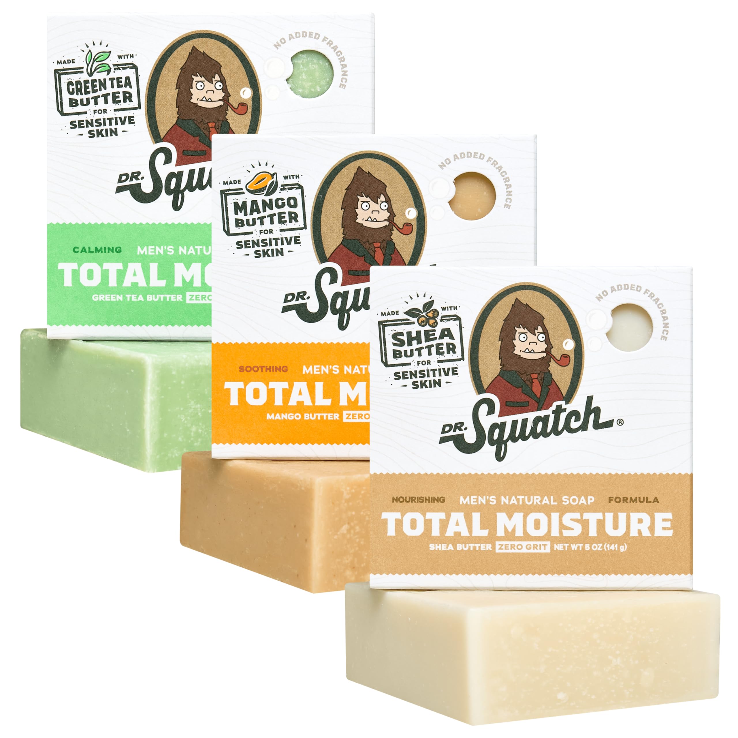 Dr. Squatch Total Moisture Bar Soap for Men, fragrance-free, ideal for sensitive skin.