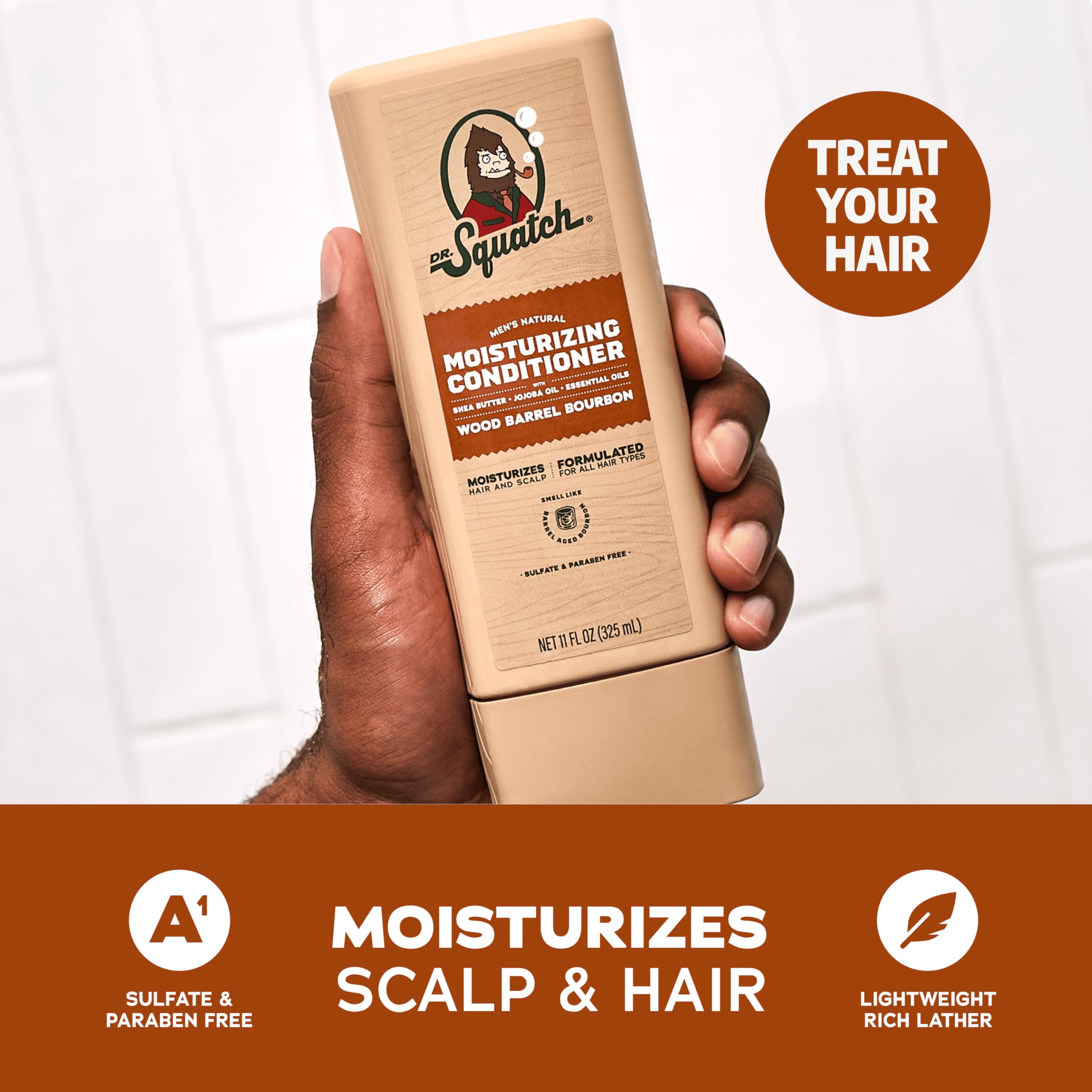 Dr. Squatch Wood Barrel Bourbon duo on wood surface in grooming setup