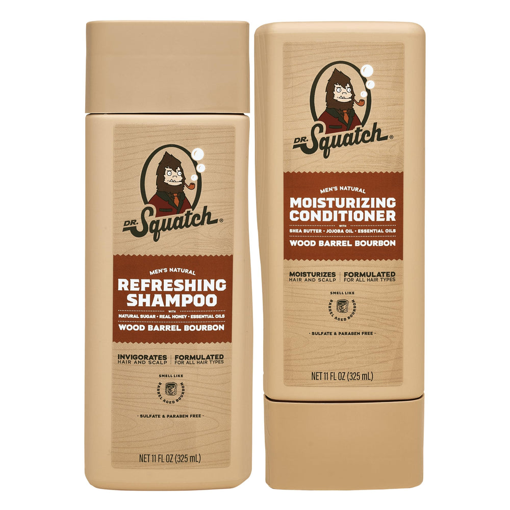 Dr. Squatch Wood Barrel Bourbon shampoo bottle for natural cleansing