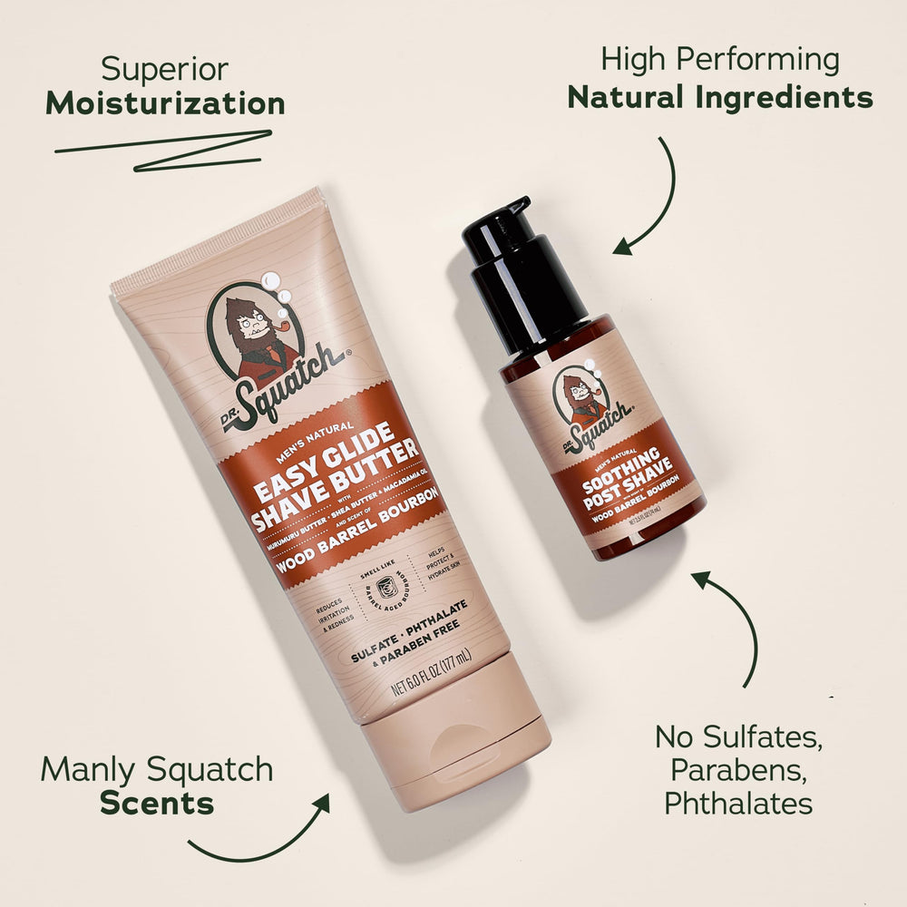 Dr. Squatch Wood Barrel Bourbon Soothing Post-Shave Moisturizer calms skin after shaving.