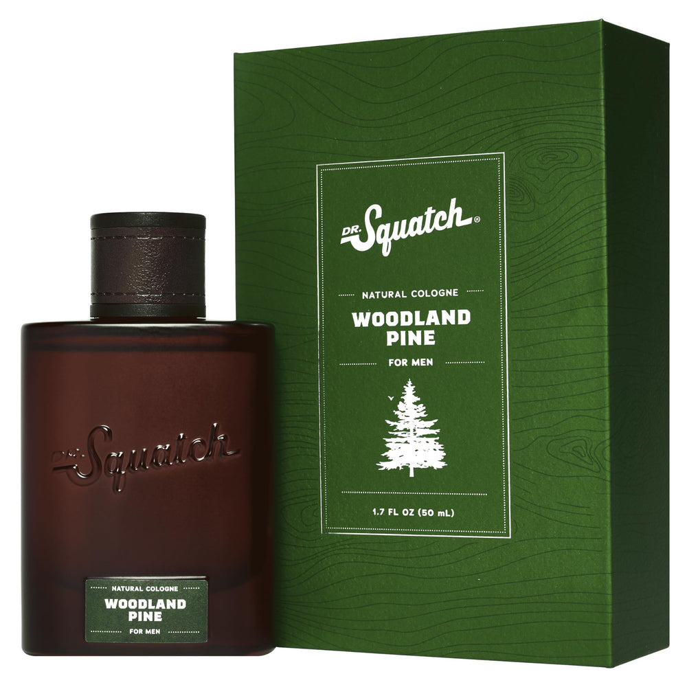 Dr. Squatch Woodland Pine Cologne bottle with rugged design and long-lasting scent.